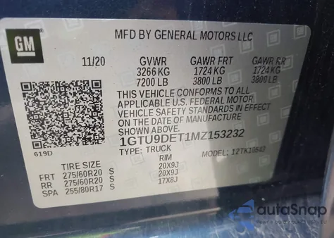 2021 GMC Sierra K1500 Slt from USA, damaged, VIN 1GTU9DET1MZ153232